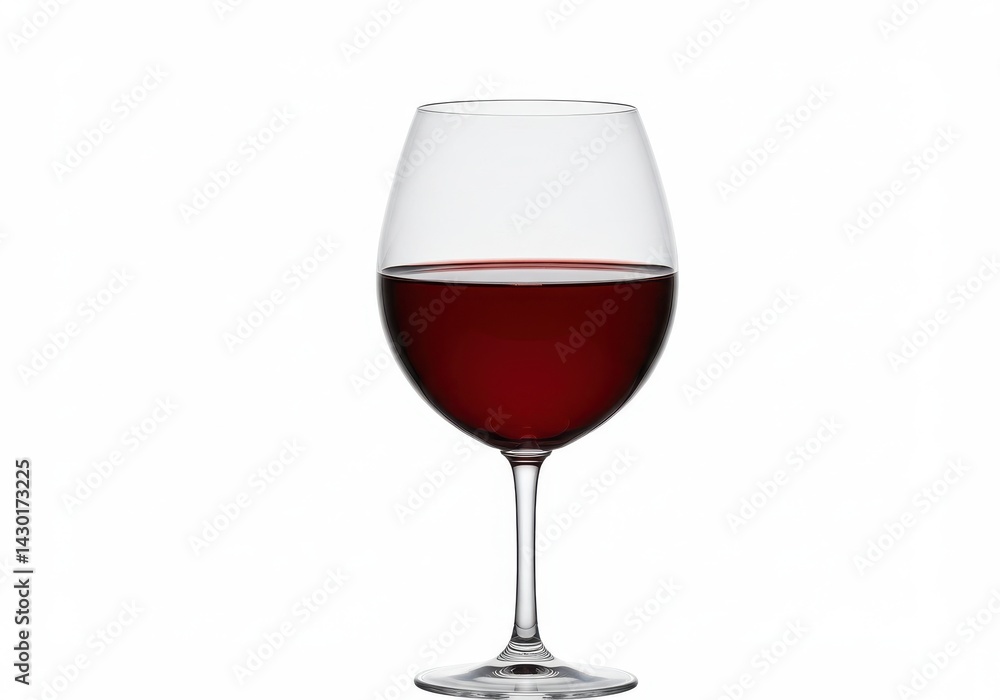 A clear wine glass filled with red wine stands against a stark white background in a studio shot A clear wine glass filled with red wine stands against a stark white background in a studio shot