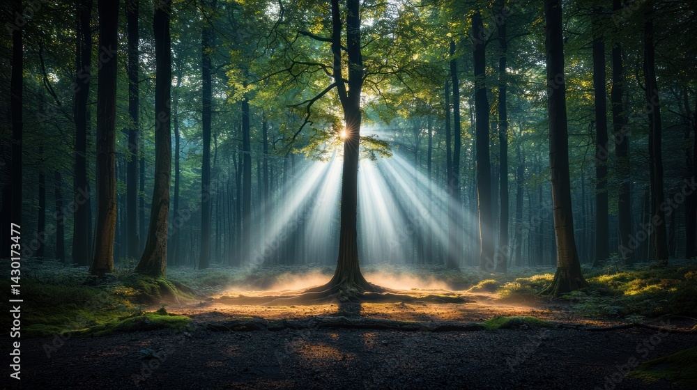 Fototapeta premium Sunlight Piercing Dark Forest