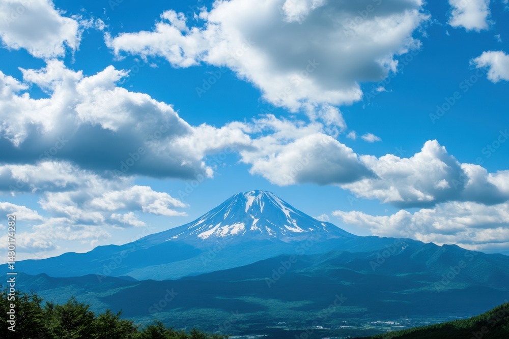 Majestic Mount Fuji rises against a clear blue sky filled with clouds Majestic Mount Fuji rises against a clear blue sky filled with clouds