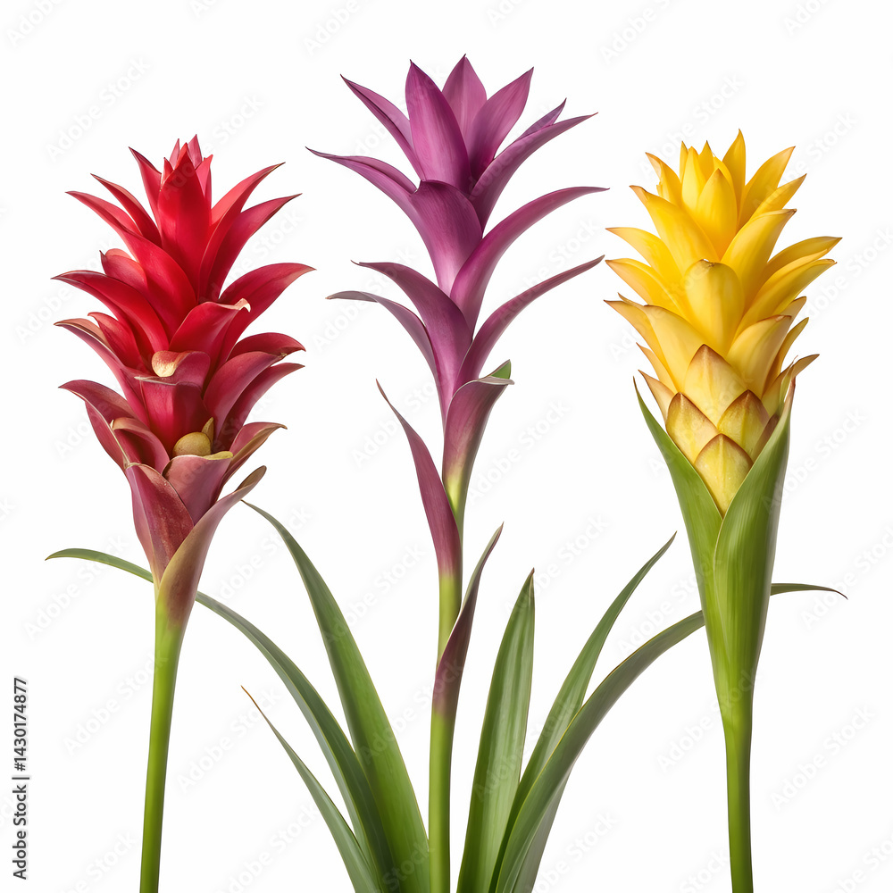 Three vibrant guzmania flowers in red, purple, and yellow tones on minimalist white background Three vibrant guzmania flowers in red, purple, and yellow tones on minimalist white background