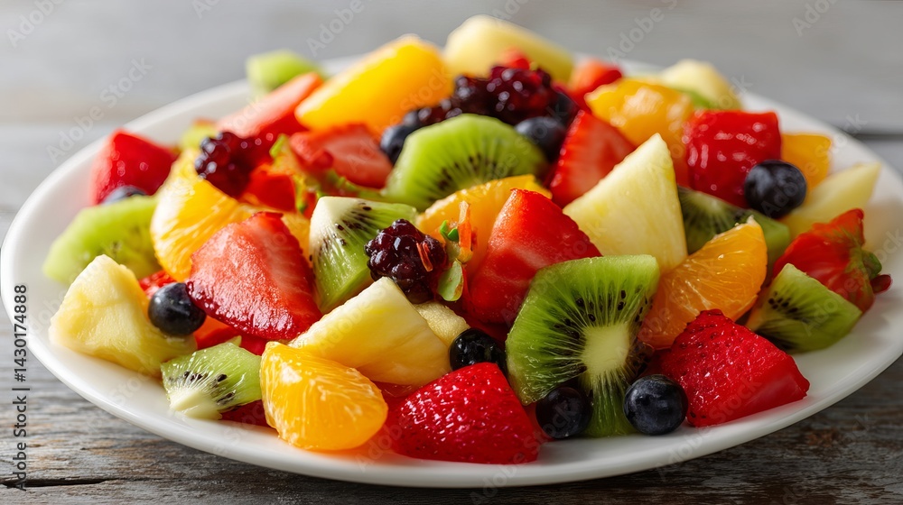 A close up of a white plate filled with a colorful assortment of fresh cut fruit on a wooden surface A close up of a white plate filled with a colorful assortment of fresh cut fruit on a wooden surface