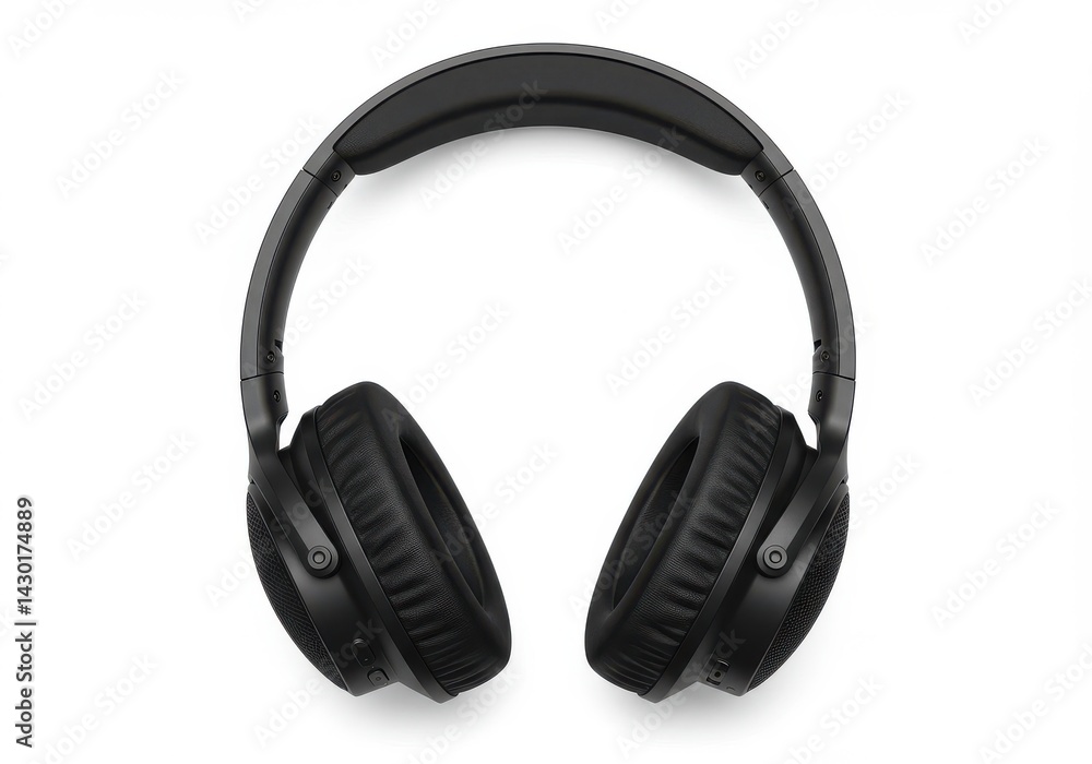 Overhead view of black wireless headphones with padded earcups on a white background studio shot Overhead view of black wireless headphones with padded earcups on a white background studio shot
