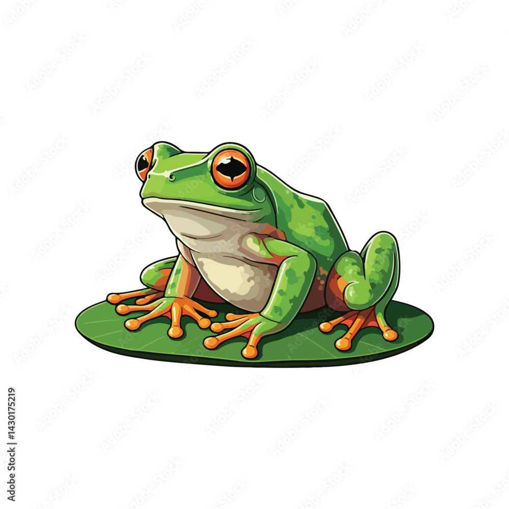Obraz premium A green frog on white background flat Cartoon adorable frog illustration