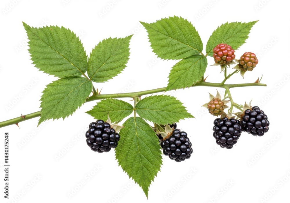 A close up of a blackberry branch with ripe and unripe berries against a white background studio shot A close up of a blackberry branch with ripe and unripe berries against a white background studio shot