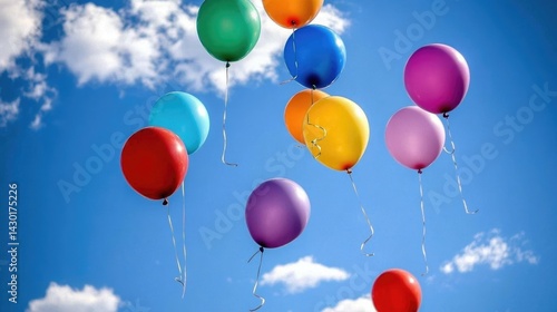 A collection of colorful balloons floating freely under a clear blue sky, symbolizing happiness and joy.