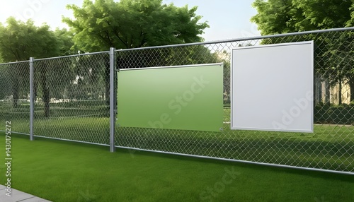 Metal Fence with Green and White Signage in Outdoor Setting