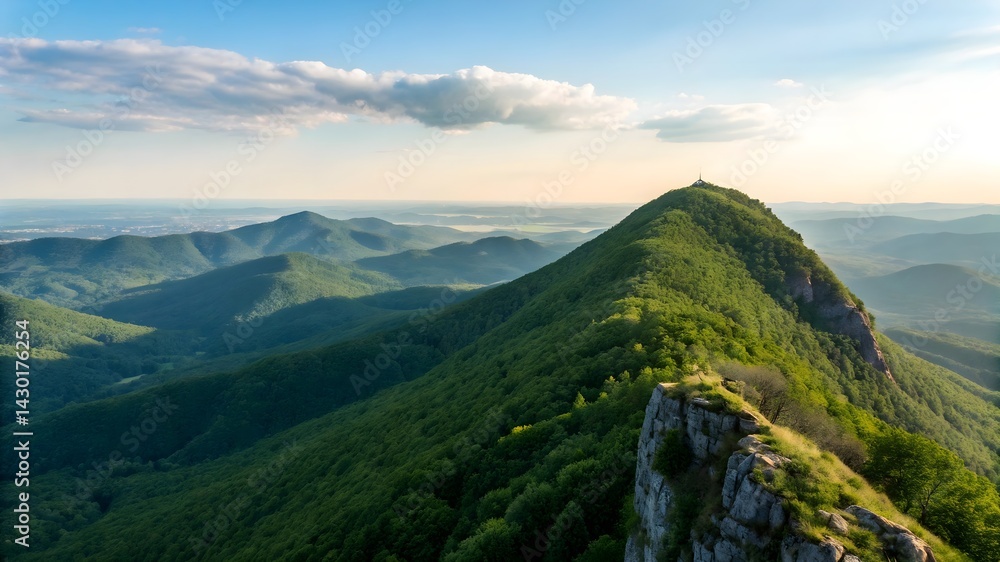 Fototapeta premium Majestic Mountain Peak Landscape With Green Forest And Distant Mountain Range