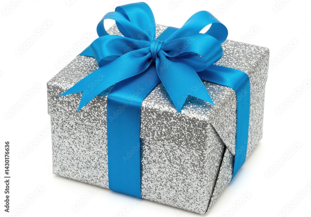 Fototapeta premium A silver glitter gift box with a bright blue ribbon and bow on a plain white background surface view
