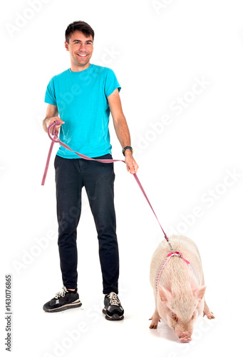 miniature pig and man in studio