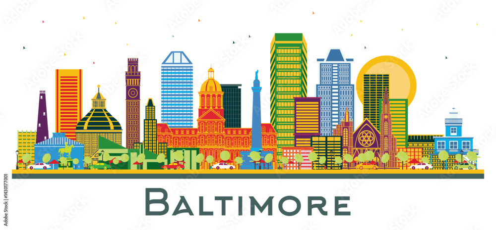 Obraz premium Baltimore Maryland City Skyline with Color Buildings isolated on white. Business Travel and Tourism Concept with Modern Architecture. Baltimore Cityscape with Landmarks.