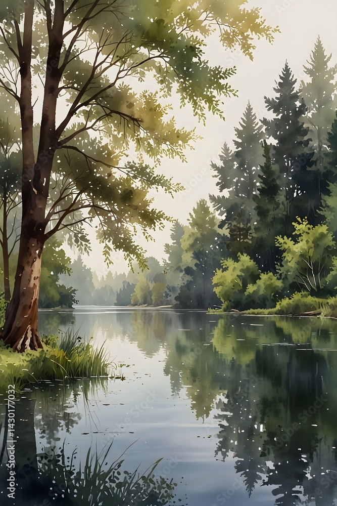 Serene lakeside grove in watercolor style Serene lakeside grove in watercolor style