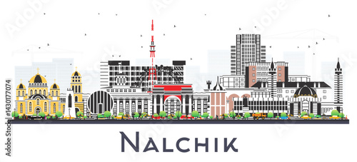 Nalchik Russia city skyline with color buildings isolated on white. Nalchik cityscape with landmarks. Business travel and tourism concept with modern and historic architecture.