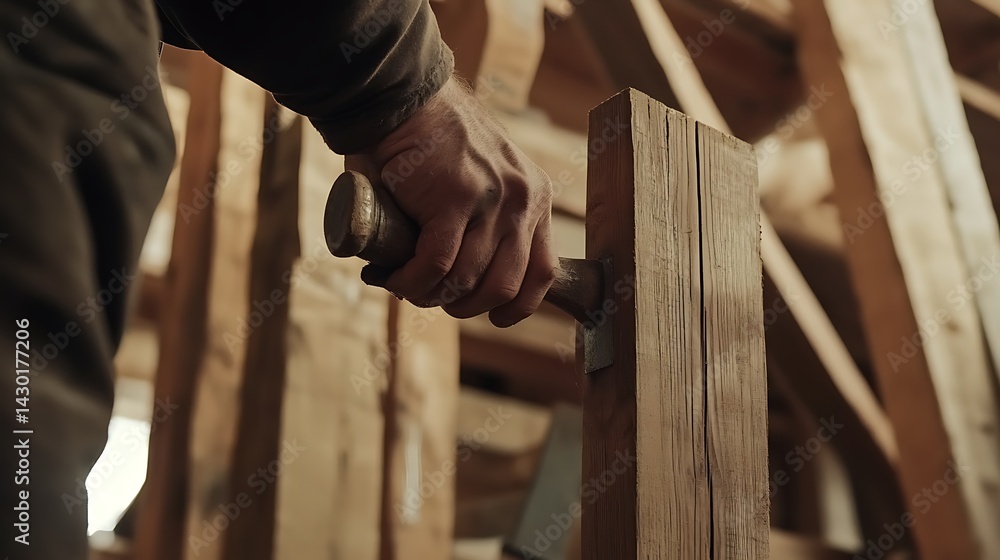 Carpenter Using Hammer on Wooden Beam Carpenter Using Hammer on Wooden Beam