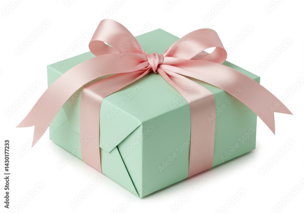 A light green gift box tied with a pink ribbon isolated on white background for celebration event A light green gift box tied with a pink ribbon isolated on white background for celebration event