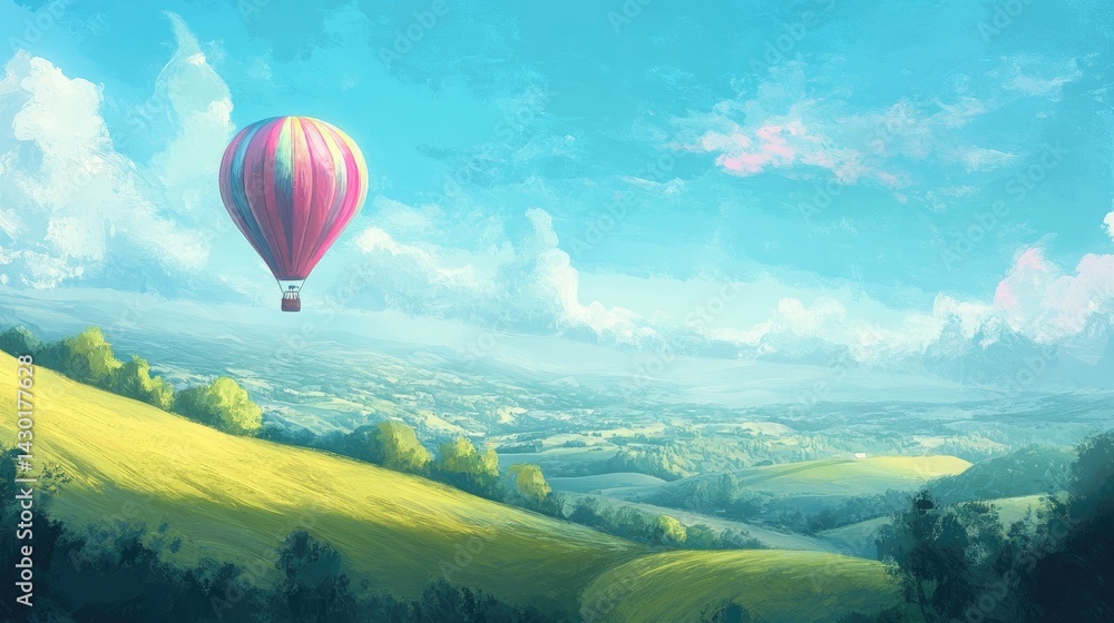 Naklejka premium A colorful hot air balloon floating peacefully over rolling hills, embodying freedom and happiness.