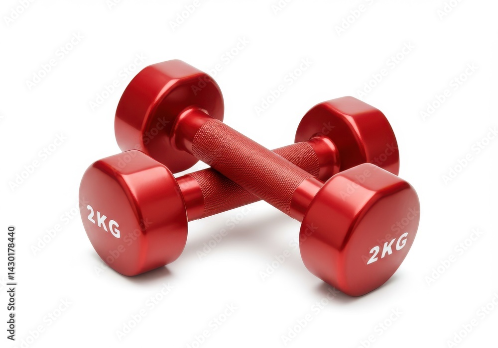 Two kilogram red dumbbells crossed on a white surface for fitness and strength training equipment view Two kilogram red dumbbells crossed on a white surface for fitness and strength training equipment view