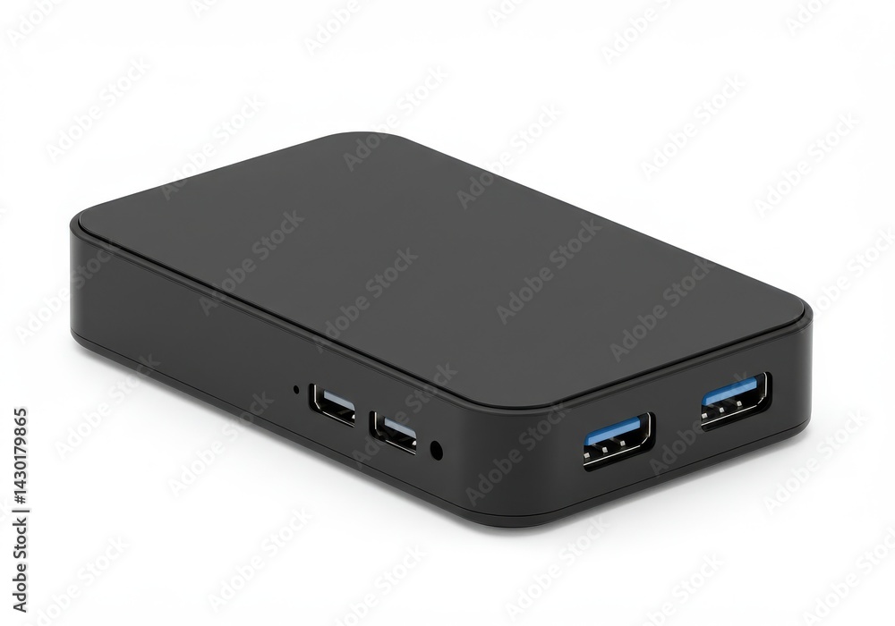 A close up shot of a black rectangular hub with multiple ports on a white background surface view A close up shot of a black rectangular hub with multiple ports on a white background surface view