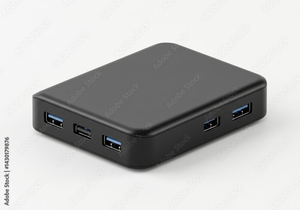 A close up of a black usb hub with multiple ports on a white surface showing connectivity and expansion A close up of a black usb hub with multiple ports on a white surface showing connectivity and expansion