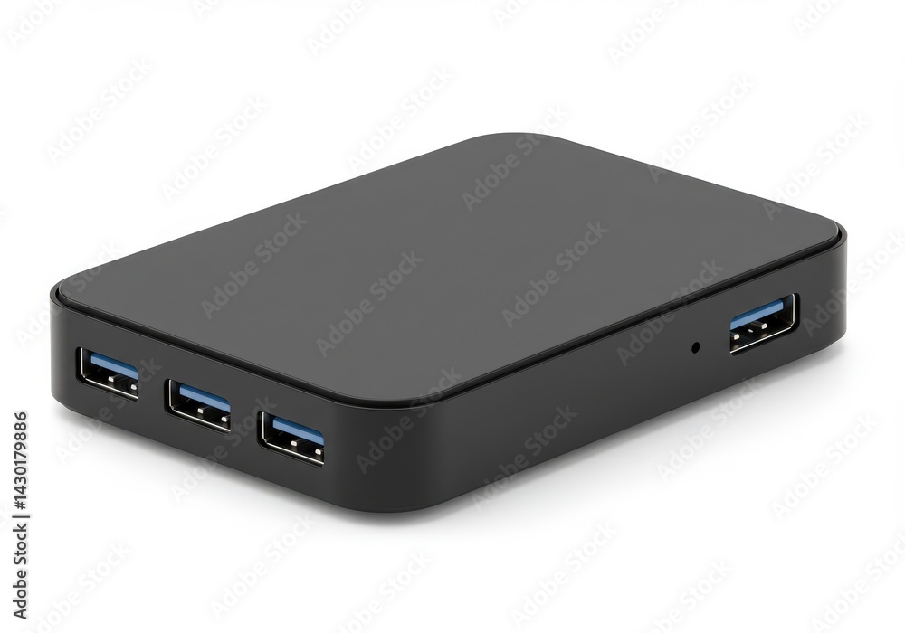 A close up shot of a black usb hub with multiple ports on a white surface in a studio setting A close up shot of a black usb hub with multiple ports on a white surface in a studio setting