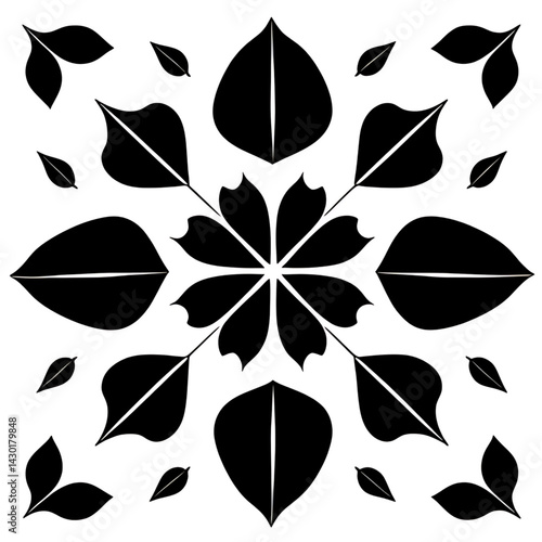 A collection of black leaf silhouettes of various shapes, including oval, heart-shaped, and jagged edges, all against a white background