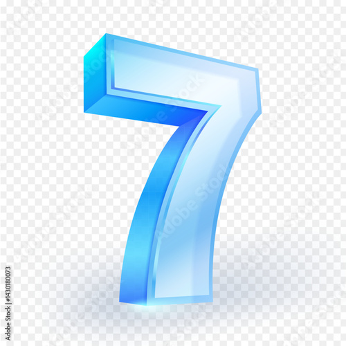 3d blue glass glossy Number 7. isolated on transparent background. Perfect for design, math, education, anniversary, or birthday themes. Vector illustration.