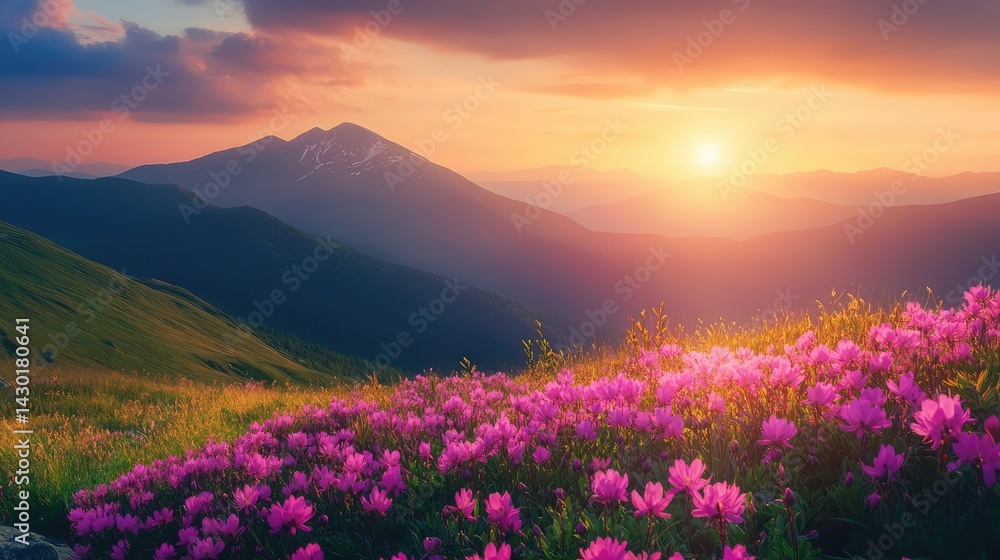 Obraz premium Blooming pink flowers in a vibrant landscape during sunset with mountains in the background and colorful sky Copy Space, Sunset Over a Blooming Purple Mountain Meadow During Springtime Sunset Over