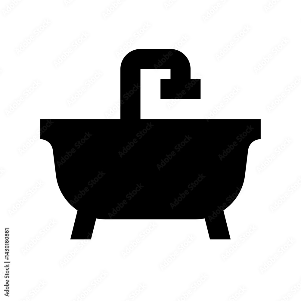 A black silhouette of a bathtub with a faucet is centered on a white background in a simple design A black silhouette of a bathtub with a faucet is centered on a white background in a simple design