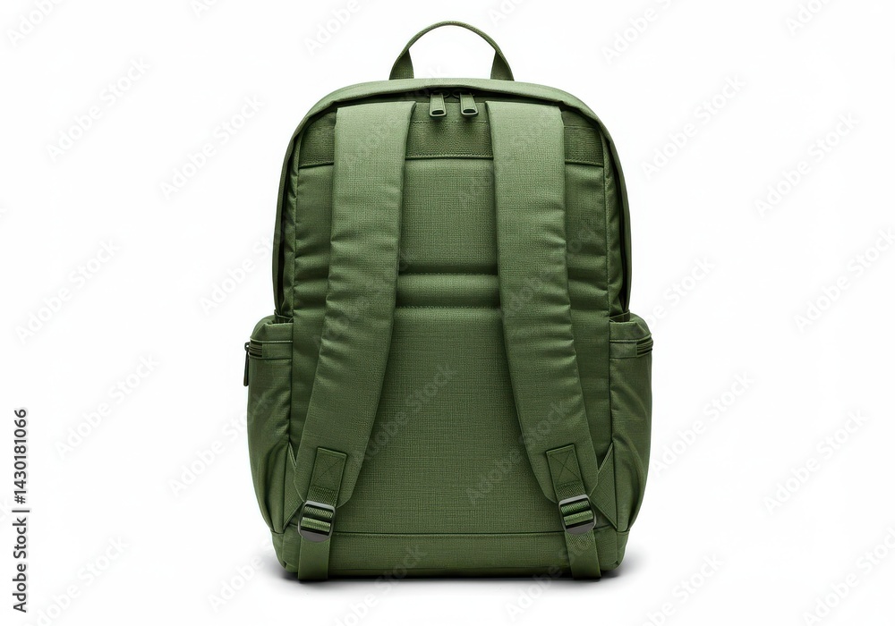 Fototapeta premium Rear view of a green backpack with straps and pockets against a white background in a studio shot