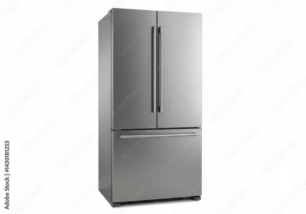 A stainless steel refrigerator with double doors and a bottom freezer on a white background scene view A stainless steel refrigerator with double doors and a bottom freezer on a white background scene view