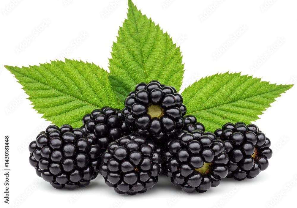 A cluster of blackberries with vibrant green leaves displayed on a plain white background surface view A cluster of blackberries with vibrant green leaves displayed on a plain white background surface view