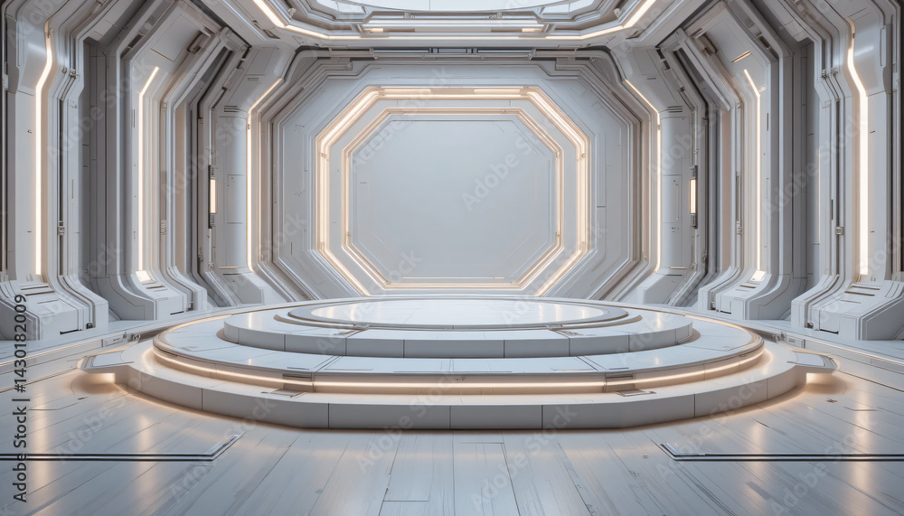 Obraz premium Sci fi hallway with glowing white portal in futuristic design
