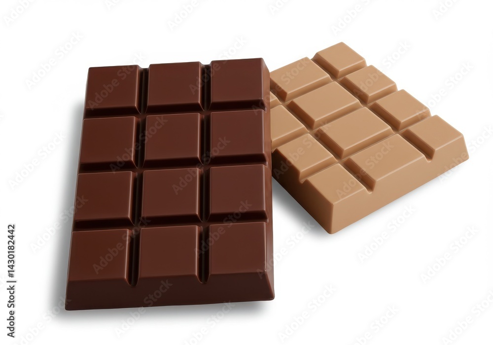 Two chocolate bars one dark and one light brown sitting on a white surface in a studio shot close up Two chocolate bars one dark and one light brown sitting on a white surface in a studio shot close up