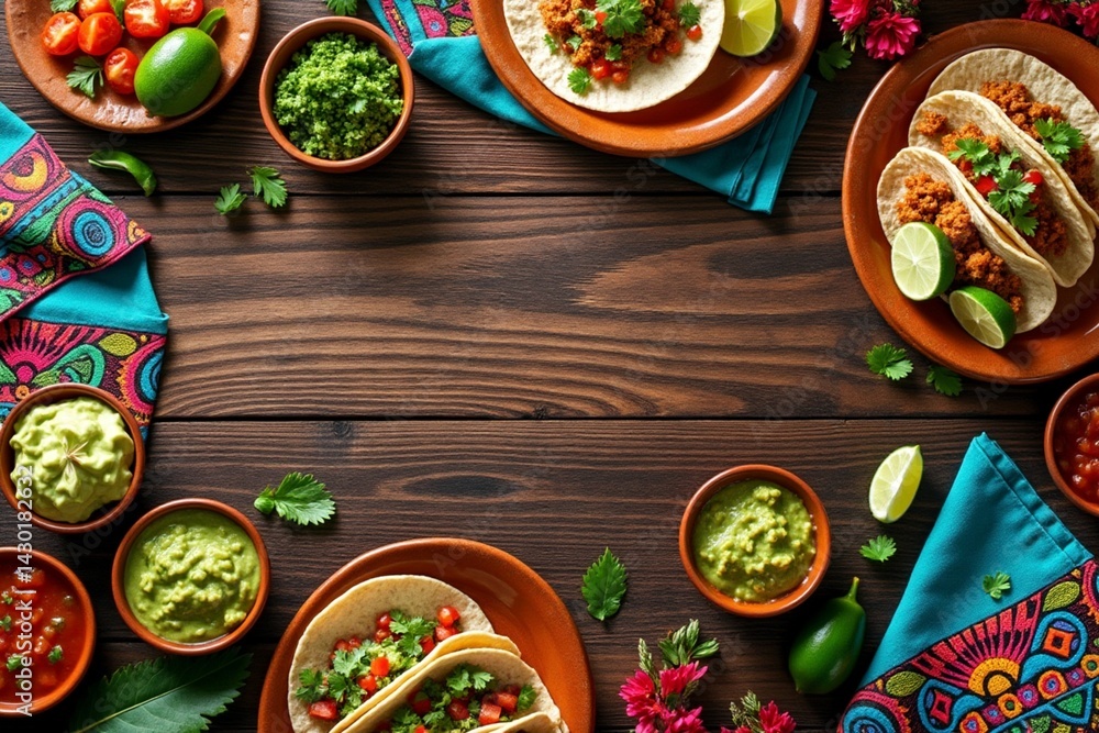 Mexican tacos and condiments on rustic wooden table flat‑lay Mexican tacos and condiments on rustic wooden table flat‑lay