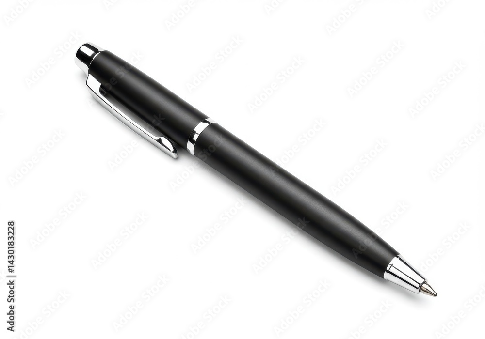 A sleek black pen with silver accents lying diagonally on a clean white surface in a studio shot A sleek black pen with silver accents lying diagonally on a clean white surface in a studio shot