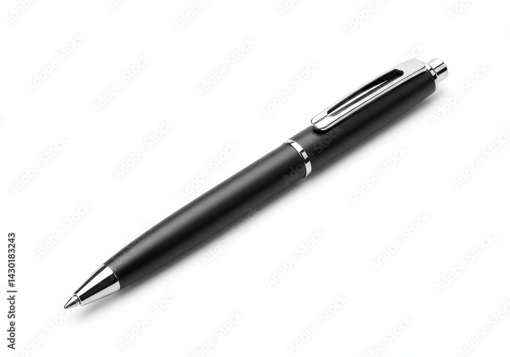 A sleek black pen with silver accents lying diagonally on a plain white surface in a studio setting A sleek black pen with silver accents lying diagonally on a plain white surface in a studio setting