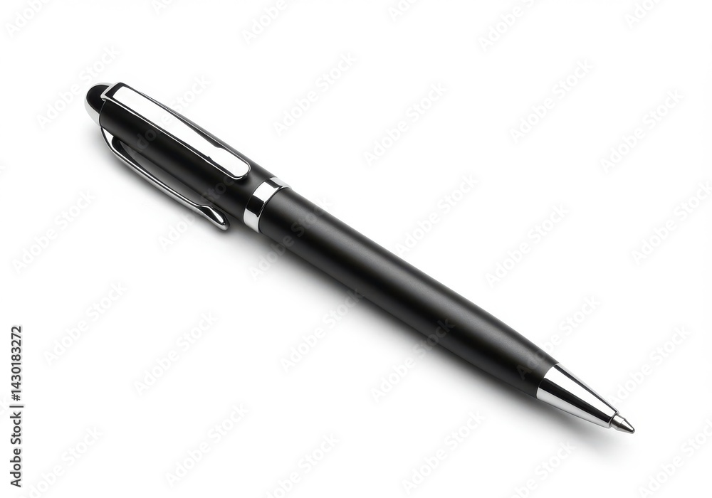 A close up studio shot of a black and silver pen with cap on a white surface diagonally aligned A close up studio shot of a black and silver pen with cap on a white surface diagonally aligned