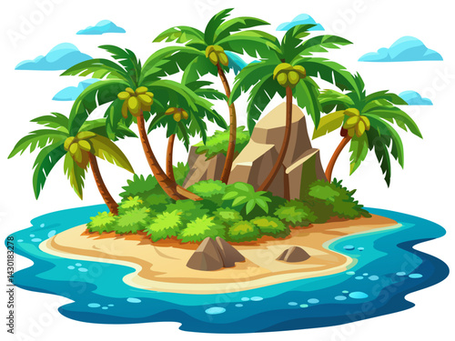 A high-quality vector of a small tropical island with palm trees, sandy beach and turquoise water, isolated on a white background