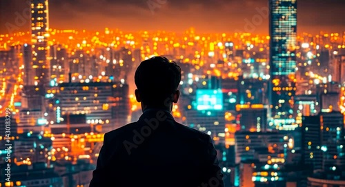 Wallpaper Mural A businessman gazes over a vibrant city skyline at night, illuminated by countless lights Torontodigital.ca