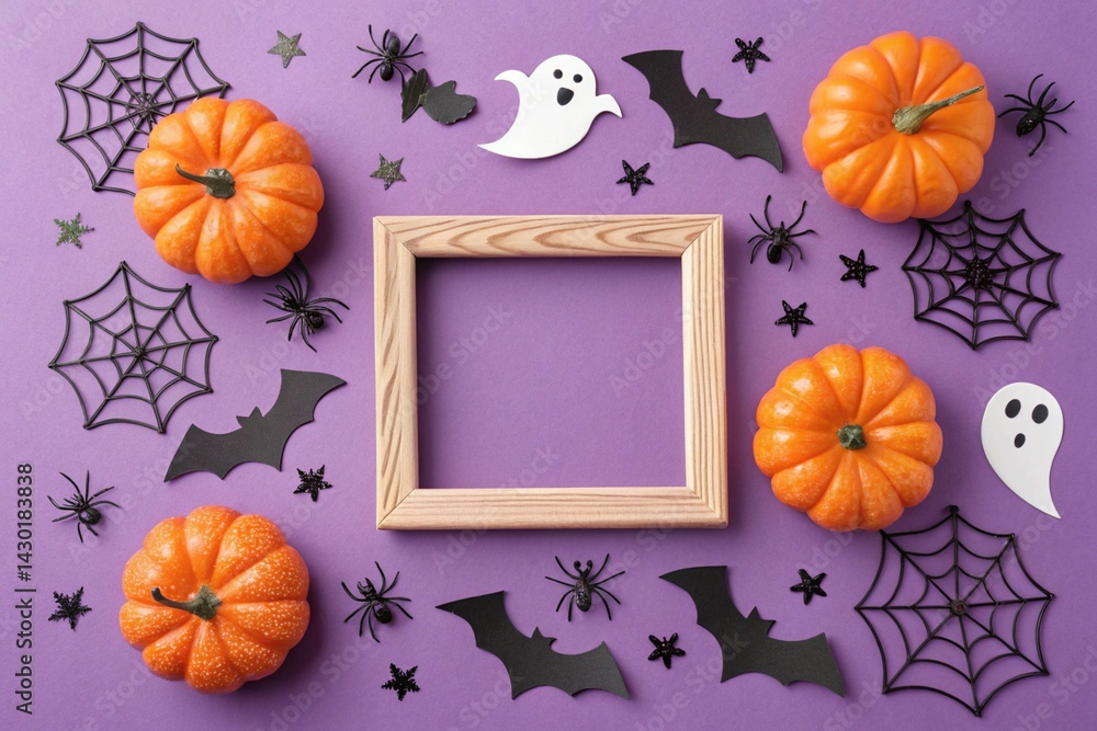composition with pumpkins, spiders and paper bats on purple background, space for text. Halloween celebration.