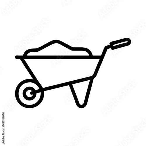 *Wheelbarrow linear icon in green and white, minimalist gardening transport on white background with copy space*