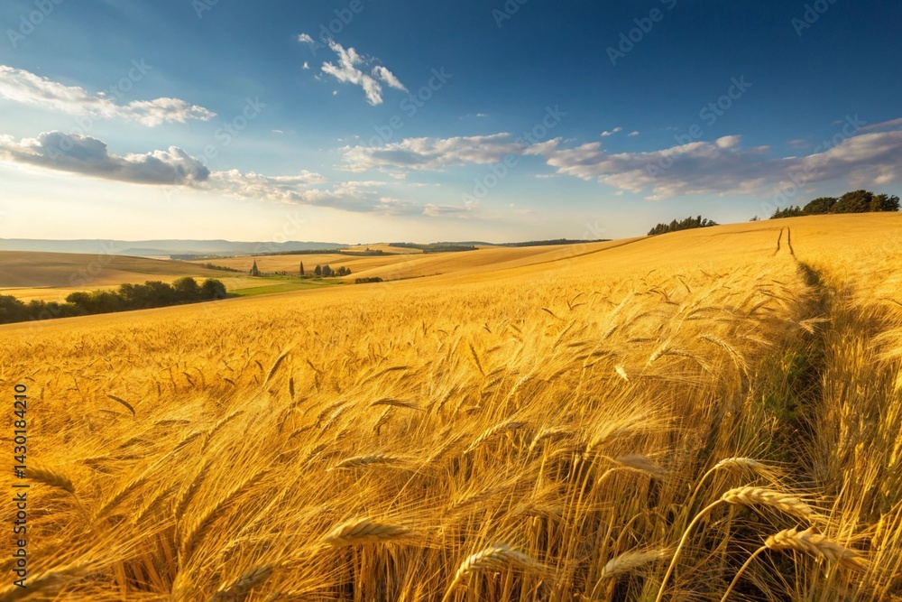 wheat field under bright blue sky
