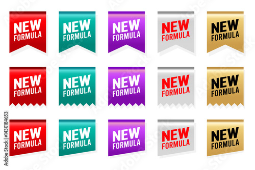 New Formula icon set. New Formula label, logo, badge, symbol, banner, gold, red, green, purple, stamp, circle, line, flat vector, isolated illustration. New Formula label for product packaging design.
