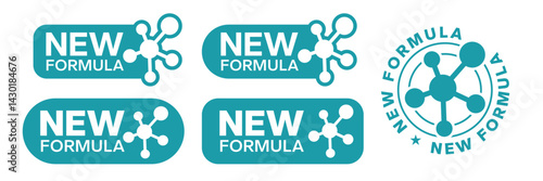 New Formula icon set. New Formula label, logo, badge, symbol, banner, gold, red, green, purple, stamp, circle, line, flat vector, isolated illustration. New Formula label for product packaging design.