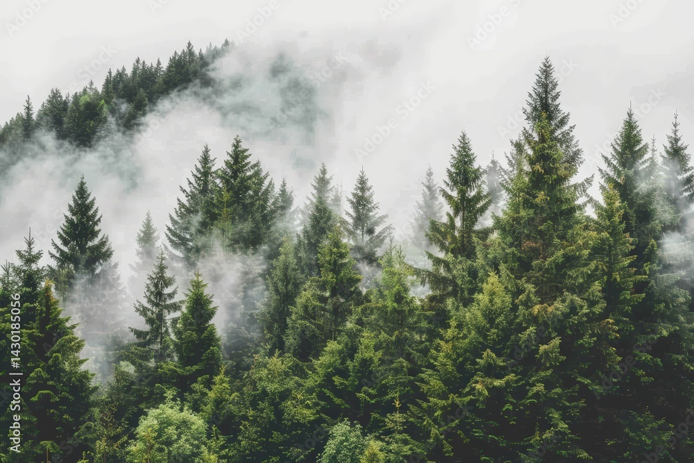 Fototapeta premium Misty forest landscape with evergreen trees and fog.