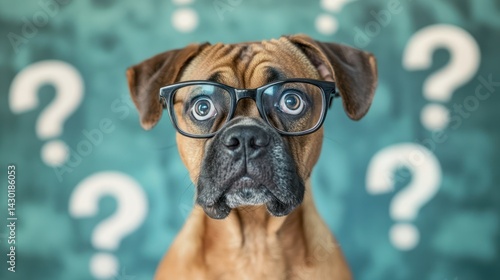 A dog wearing glasses with a puzzled expression against a background of question marks.