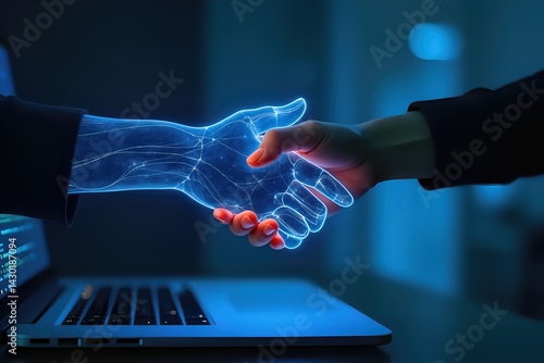 Handshake over laptop with glowing screen effect
