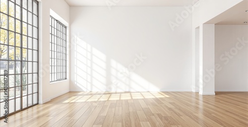 Spacious empty room with large grid glass windows and wooden floor, minimalist style, white wall background, concept of modern home interior. Ai generative
