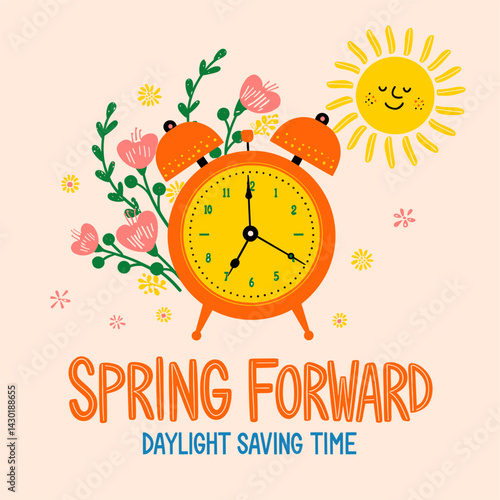 Spring Forward:  Cheerful Alarm Clock & Blooming Flowers Daylight Saving Time Illustration