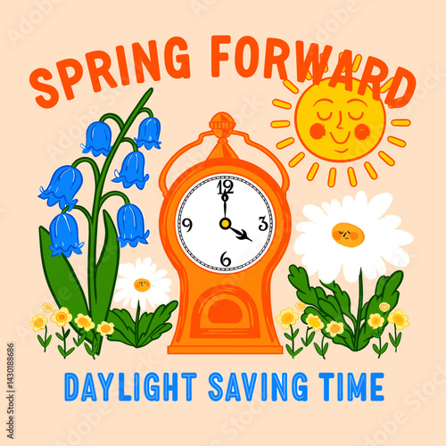 Spring Forward:  Daylight Saving Time Floral Clock Illustration