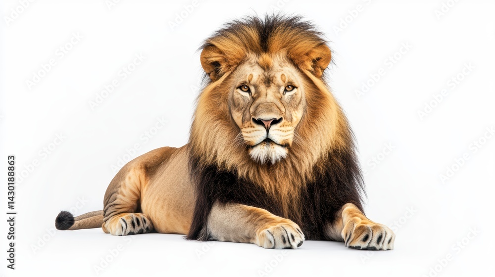 Obraz premium Majestic male lion lying down, isolated on white background.